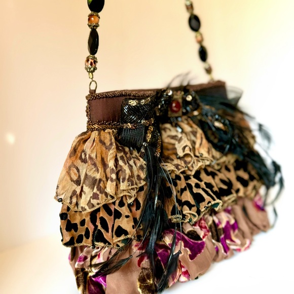 Mary Frances Leopard and Floral Beaded Shoulder Bag  Accented with Feathers - Picture 4 of 11